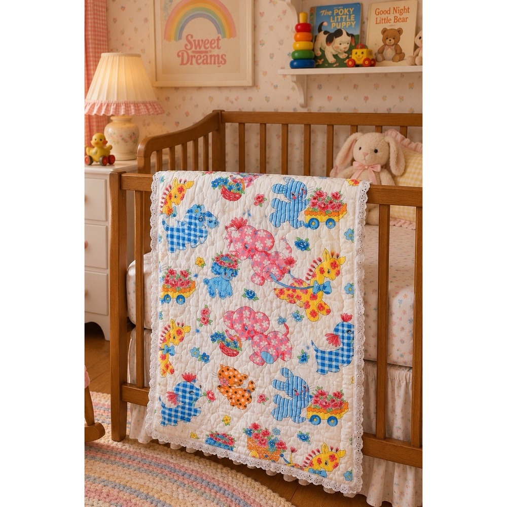 Vintage Baby Crib Quilt Blanket 48 X 26" Whimsical Animals Retro 80S